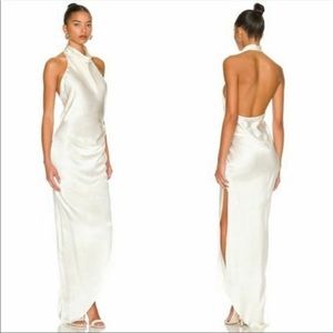 Amanda Uprichard X Revolve Samba Silk Maxi Gown in Ivory Halter Neck Ruched